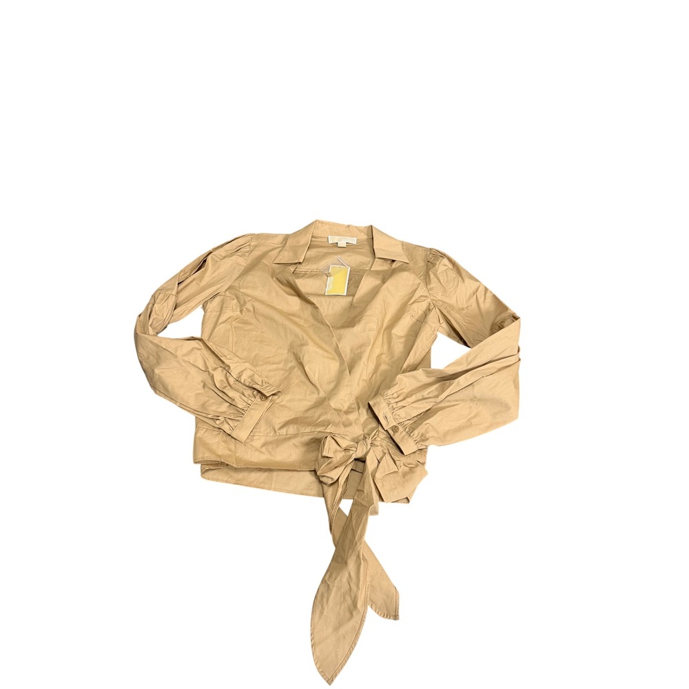 MICHAEL KORS Womens Beige Tie Long Sleeve Point Collar Wrap Top Size L